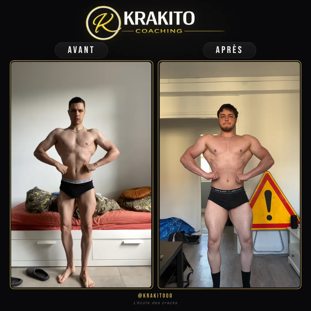 Avant/après de Mattéo, prise de muscle en coaching en ligne